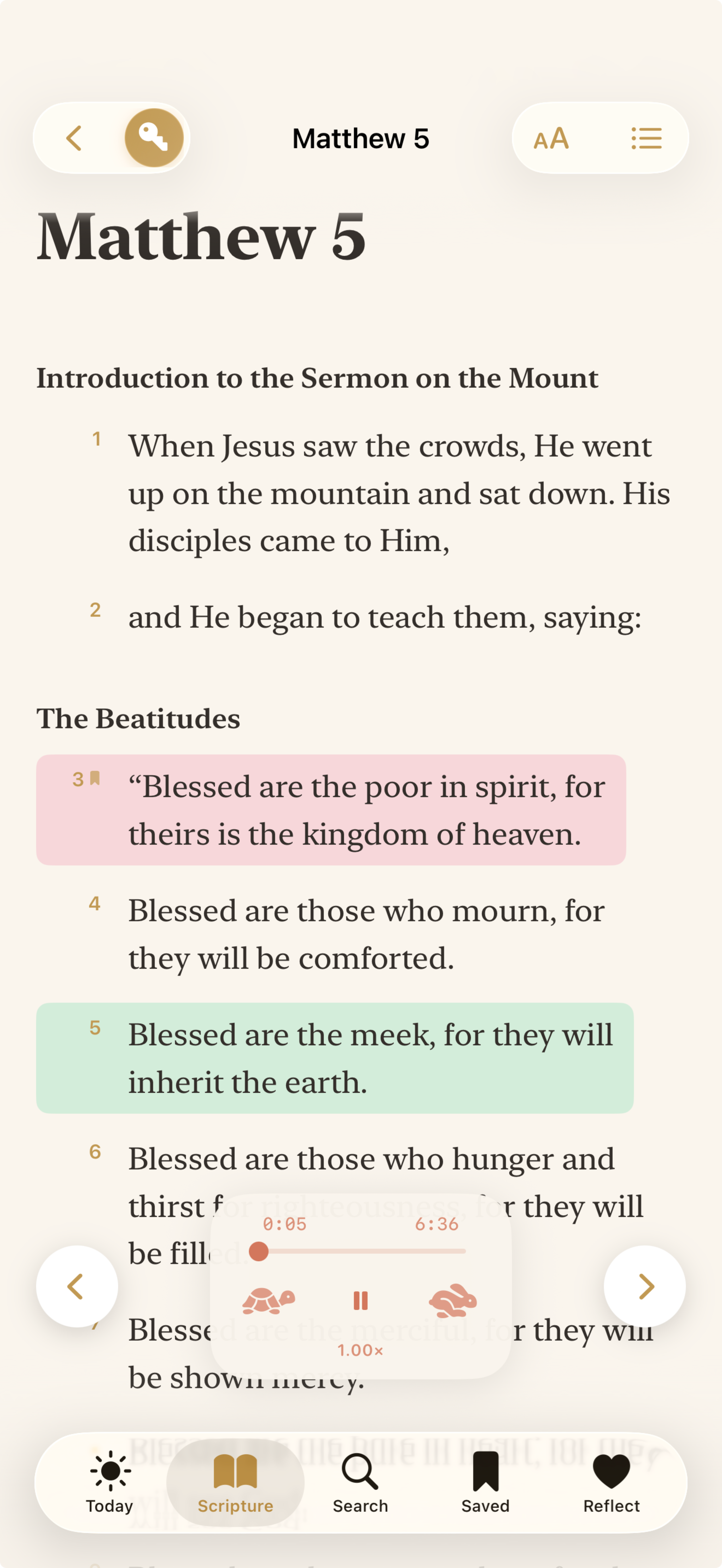 Scripture reading with highlights, bookmarks, and audio